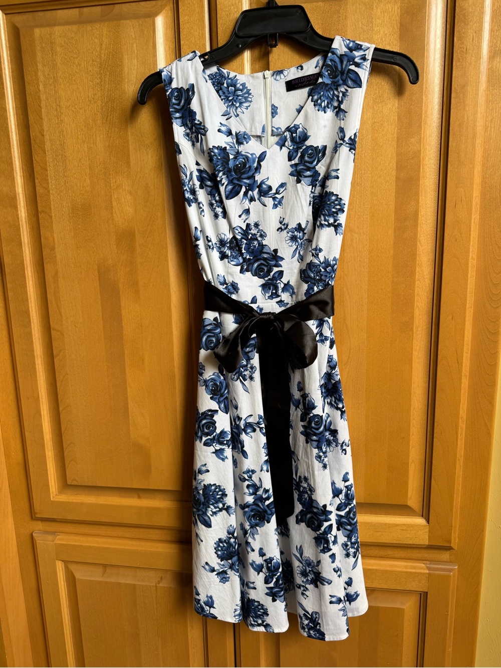 Sleeveless Blue Floral Fit & Flare Dress with Black Sash